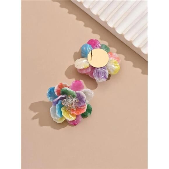 Multicolor Hibiscus Flower Earrings | Layered Acrylic Petal Statement Dangles - Picture 3 of 5